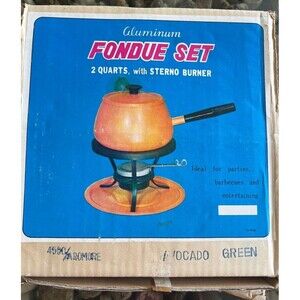 VTG ALUMINUM Fondue Set 2 Quart w/ Sterno Burner Enamelware‎ New W/box Green